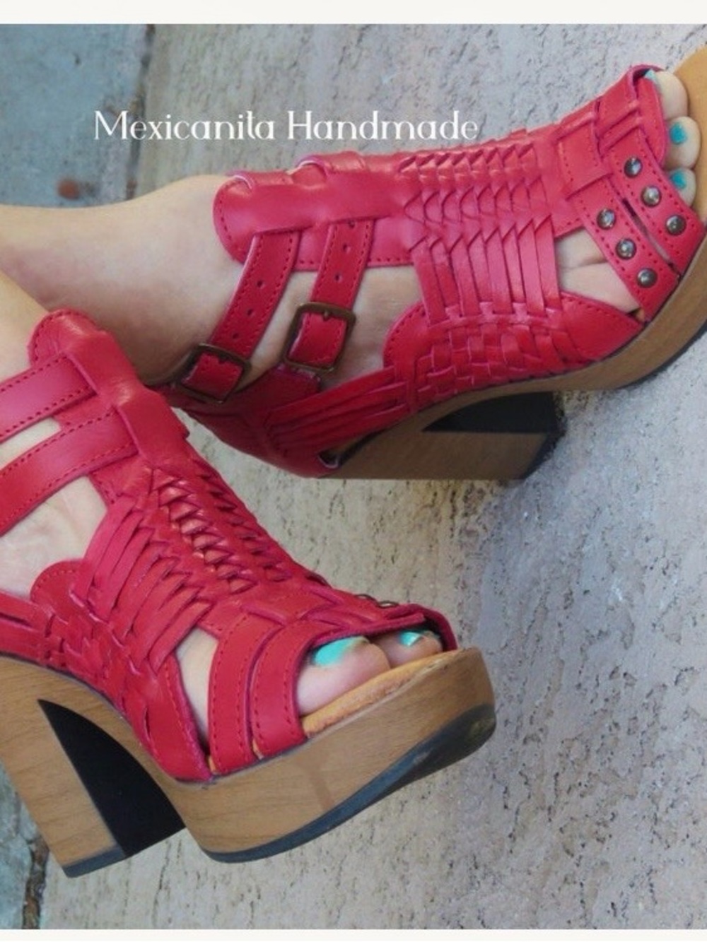 Red Woven Leather Platform Sandals